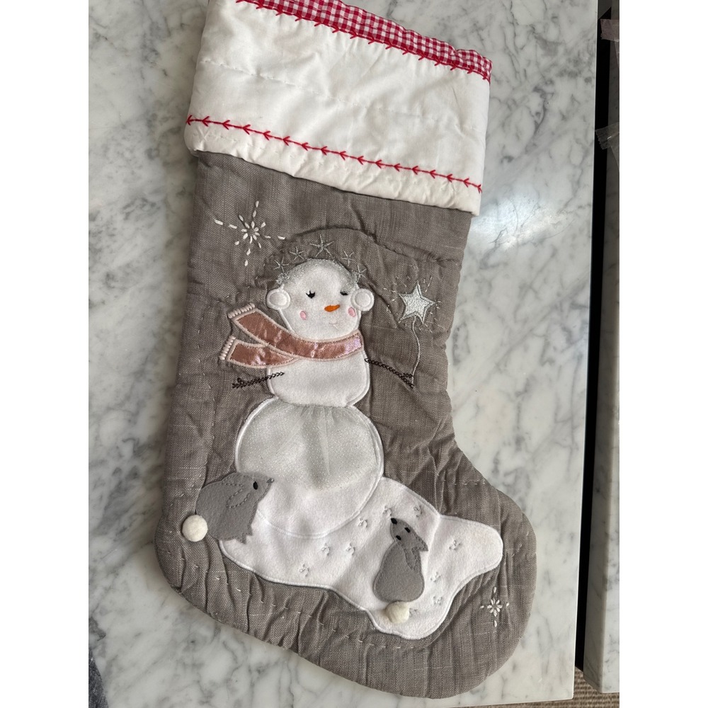 Pottery Barn Kids Quilted Christmas Stocking Snow Girl Grey Gingham Red Trim